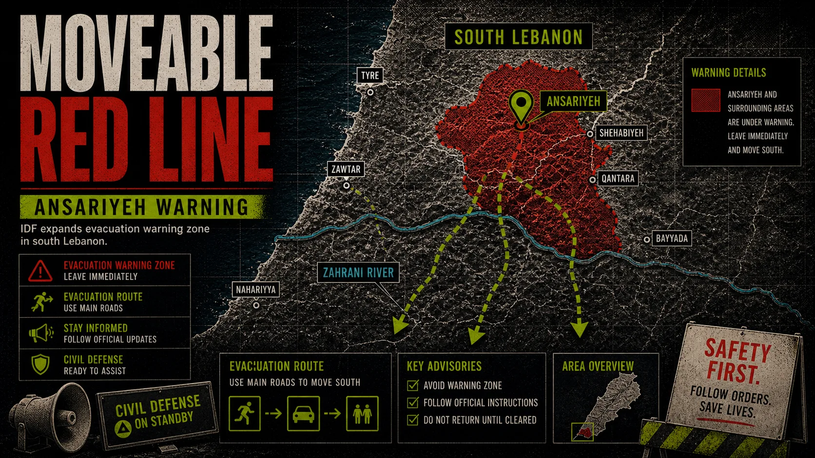 South Lebanon evacuation map labeled Moveable Red Line with Ansariyeh marked inside an expanded warning zone.