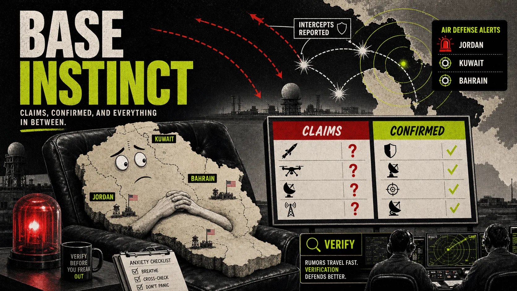 Satirical regional base-alert verification board labeled Base Instinct with Jordan, Kuwait, and Bahrain markers.
