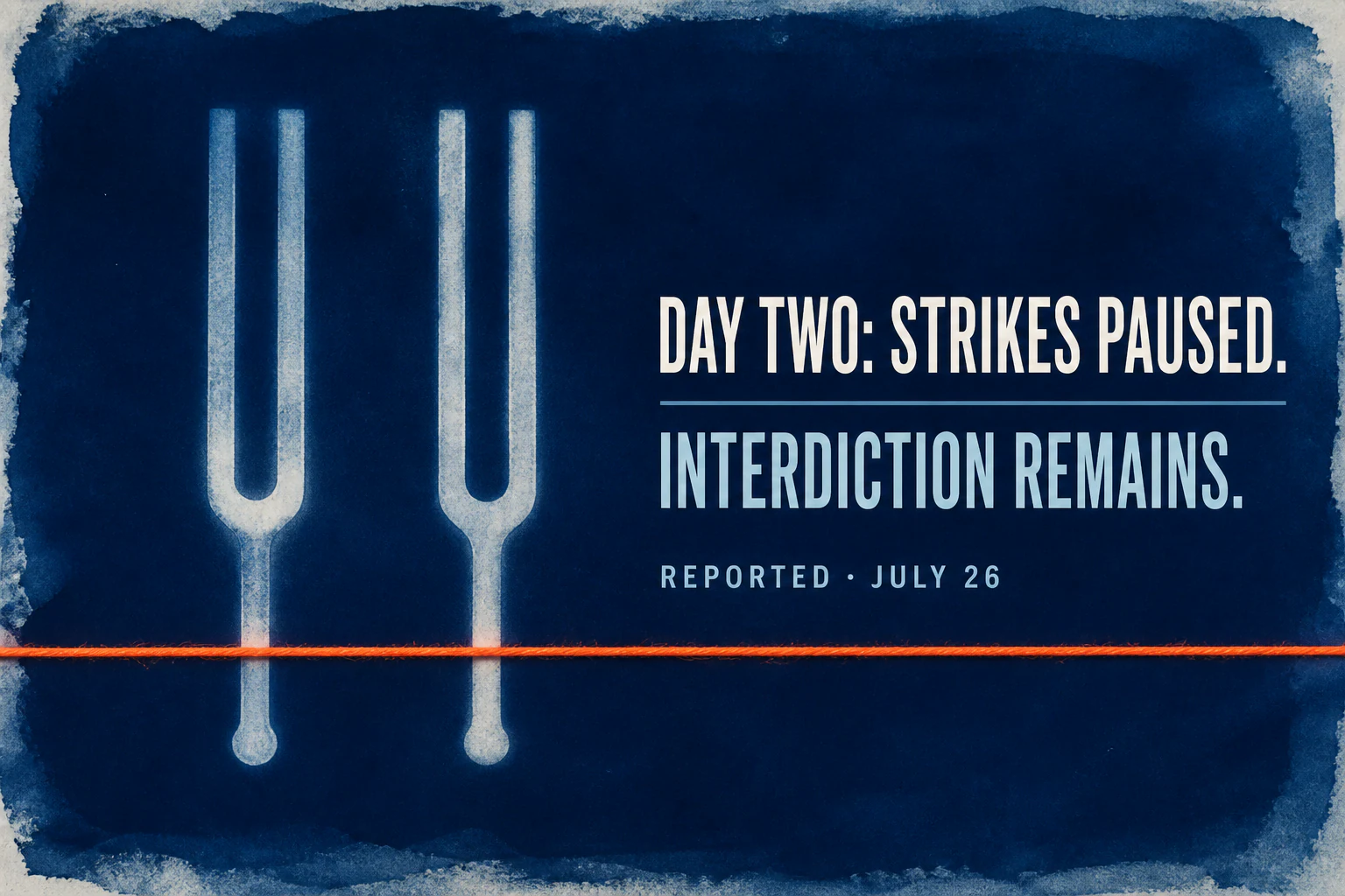Two pale tuning-fork photograms rest above a taut orange cord beside text noting paused strikes and continuing interdiction.