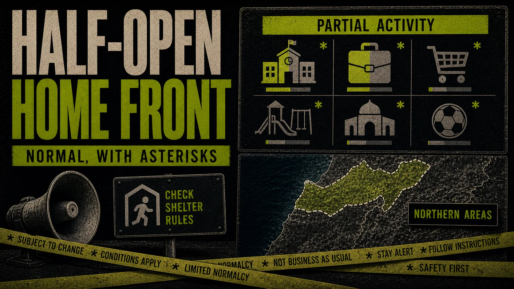 Northern Israel civil-defense board labeled Half-Open Home Front with partial-activity icons and shelter-rule tape.
