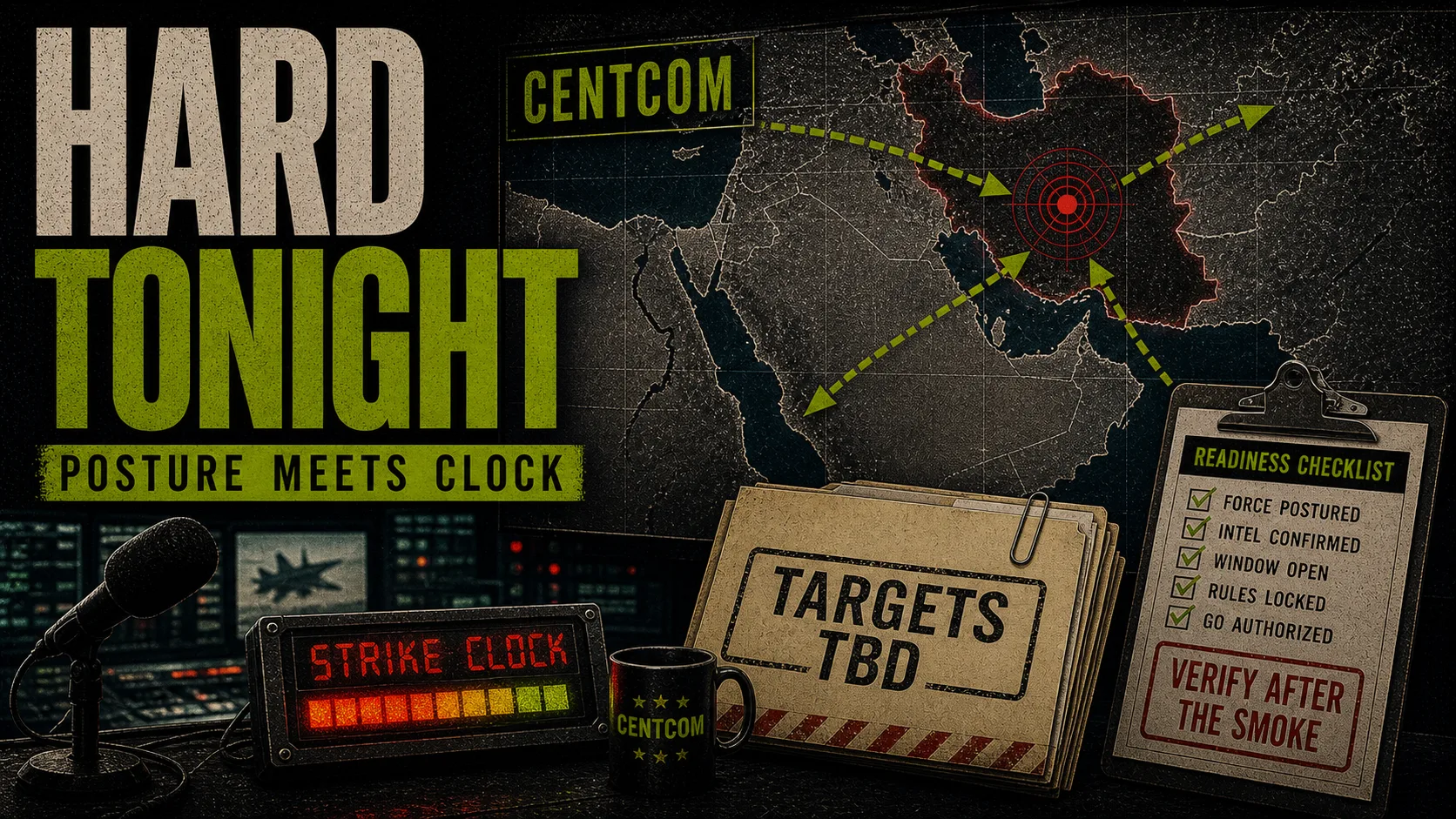 U.S. strike-posture board labeled Hard Tonight with a Gulf map, target folders, and a strike-clock panel.