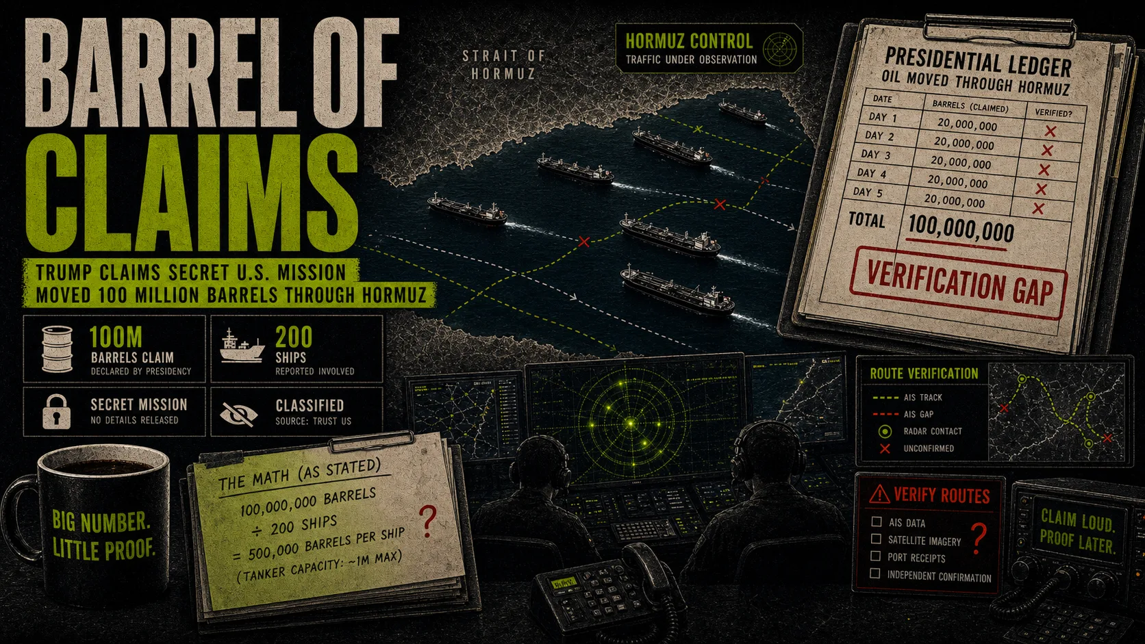 Hormuz oil-claim board labeled Barrel of Claims with tanker routes, a verification-gap ledger, and proof-later notes.