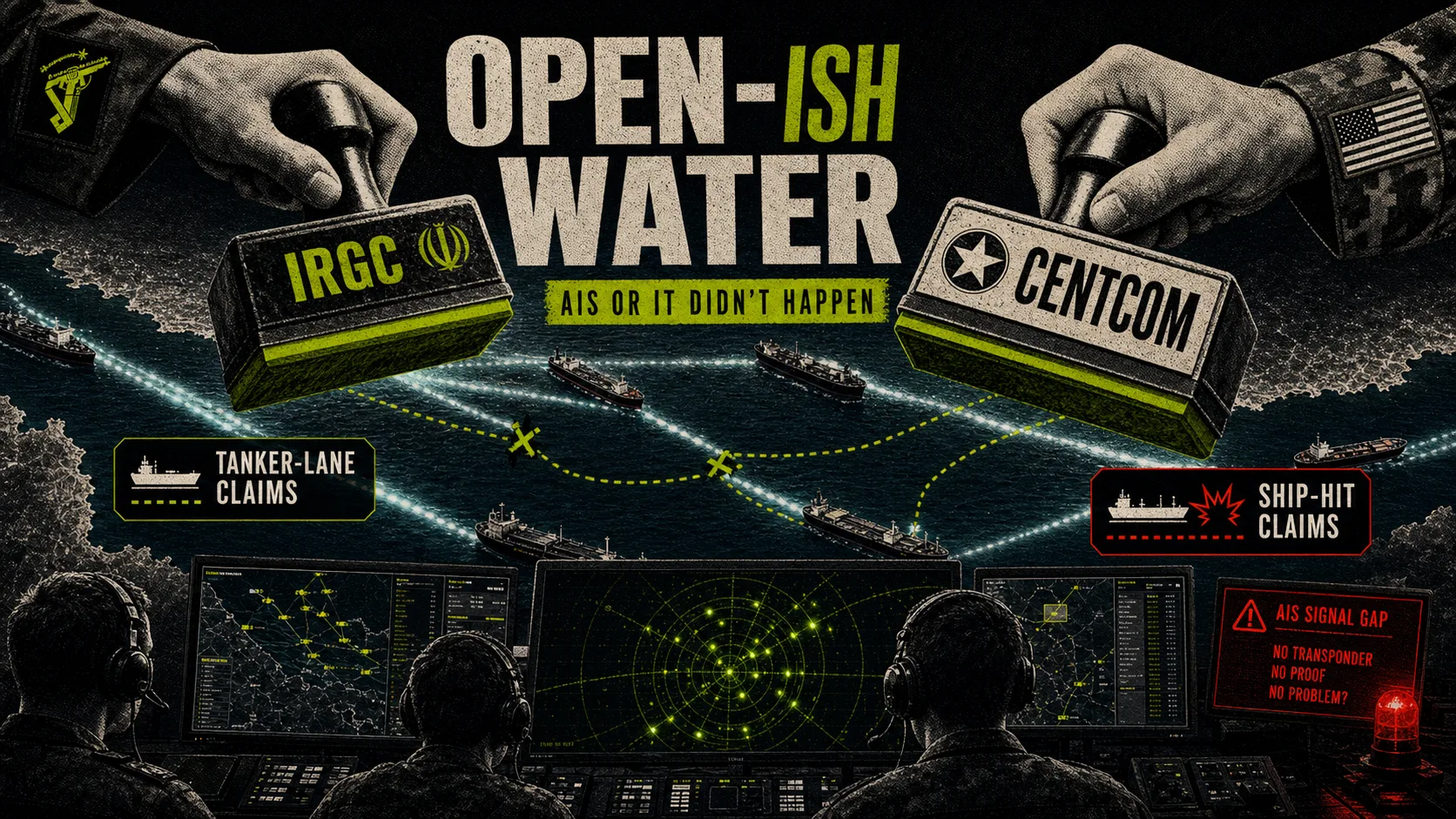 Strait of Hormuz verification board labeled Open-ish Water with tanker lanes and dueling IRGC and CENTCOM stamps.