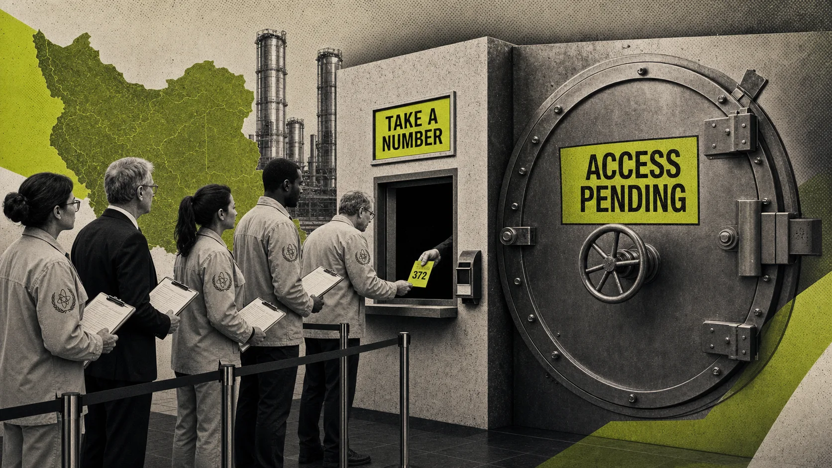 Inspectors wait outside an access-pending vault in a satirical IAEA collage.