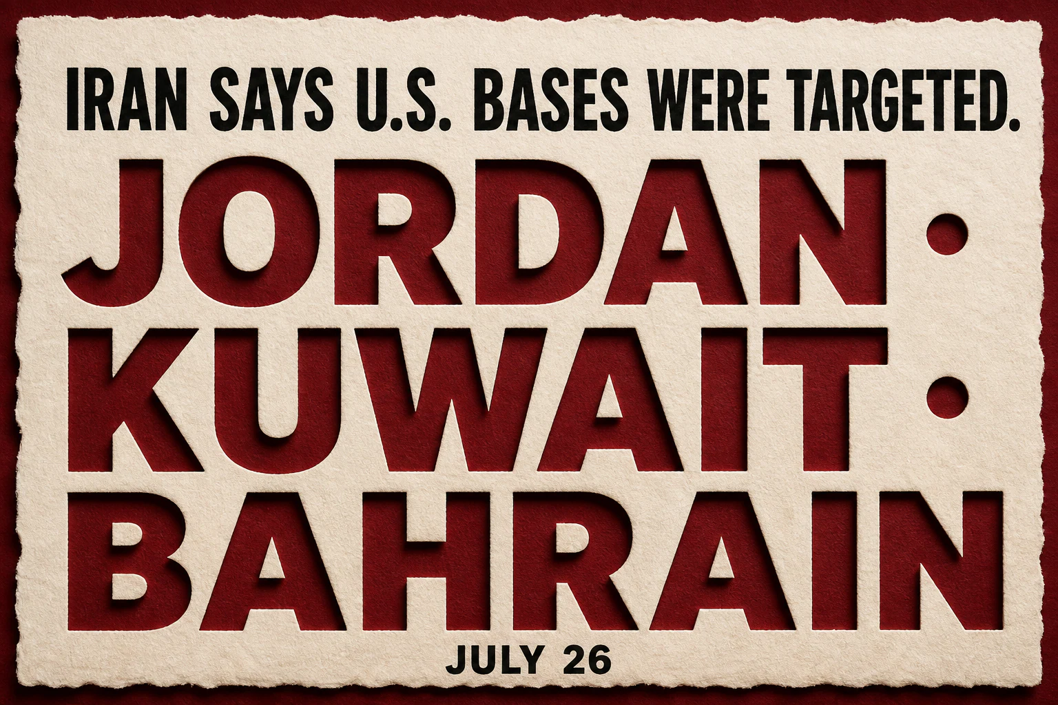 Jordan, Kuwait and Bahrain appear as large ivory cut-paper letterforms beneath an attributed Iranian targeting claim.