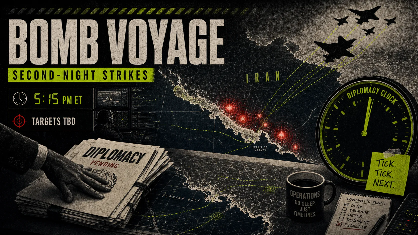 Iran strike-map board labeled Bomb Voyage with target pings, a diplomacy clock, and second-night strike timing.