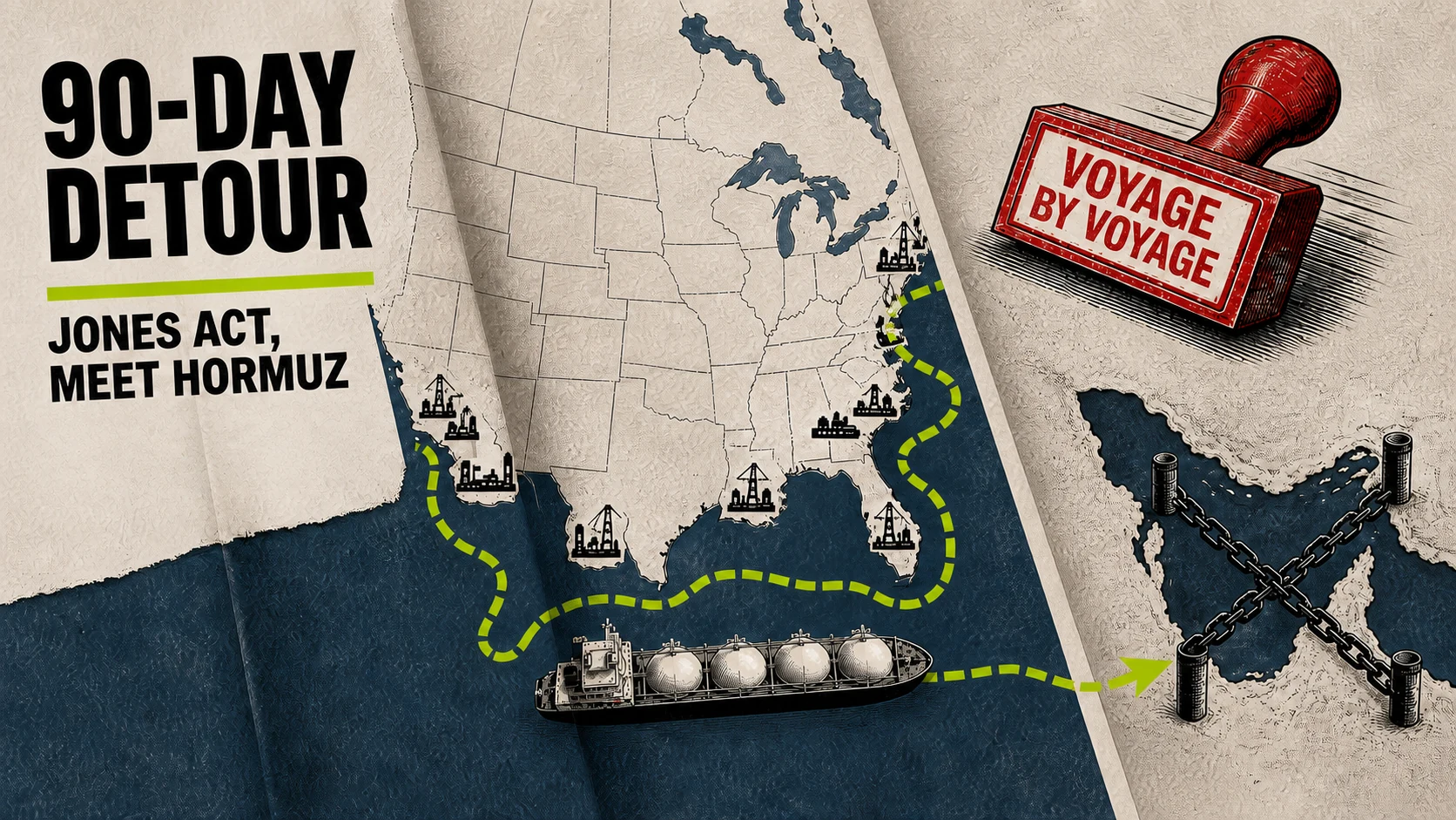 A foreign-flagged energy carrier threads a U.S. port route beneath a voyage-by-voyage waiver stamp while Hormuz remains chained.