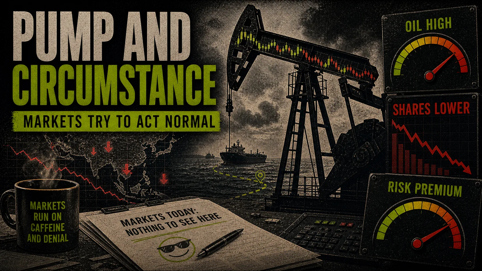 Oil-market board labeled Pump and Circumstance with a pump jack, stock arrows, and risk-premium gauges.