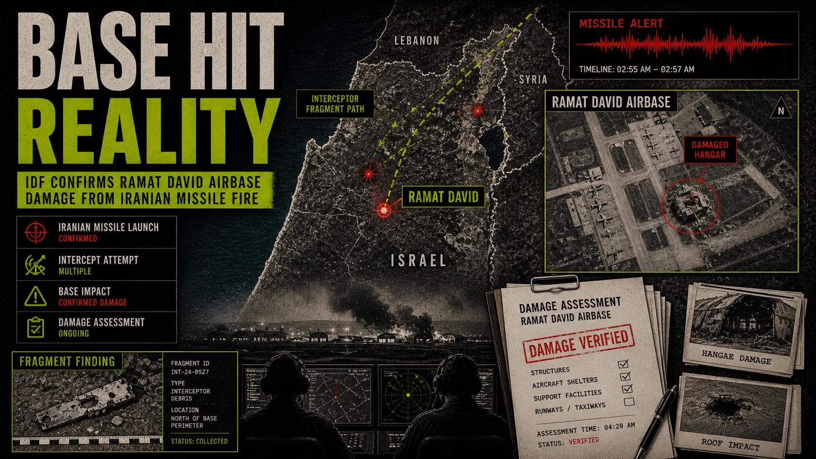 Ramat David airbase damage board labeled Base Hit Reality with missile-alert waveform and damage-assessment markers.