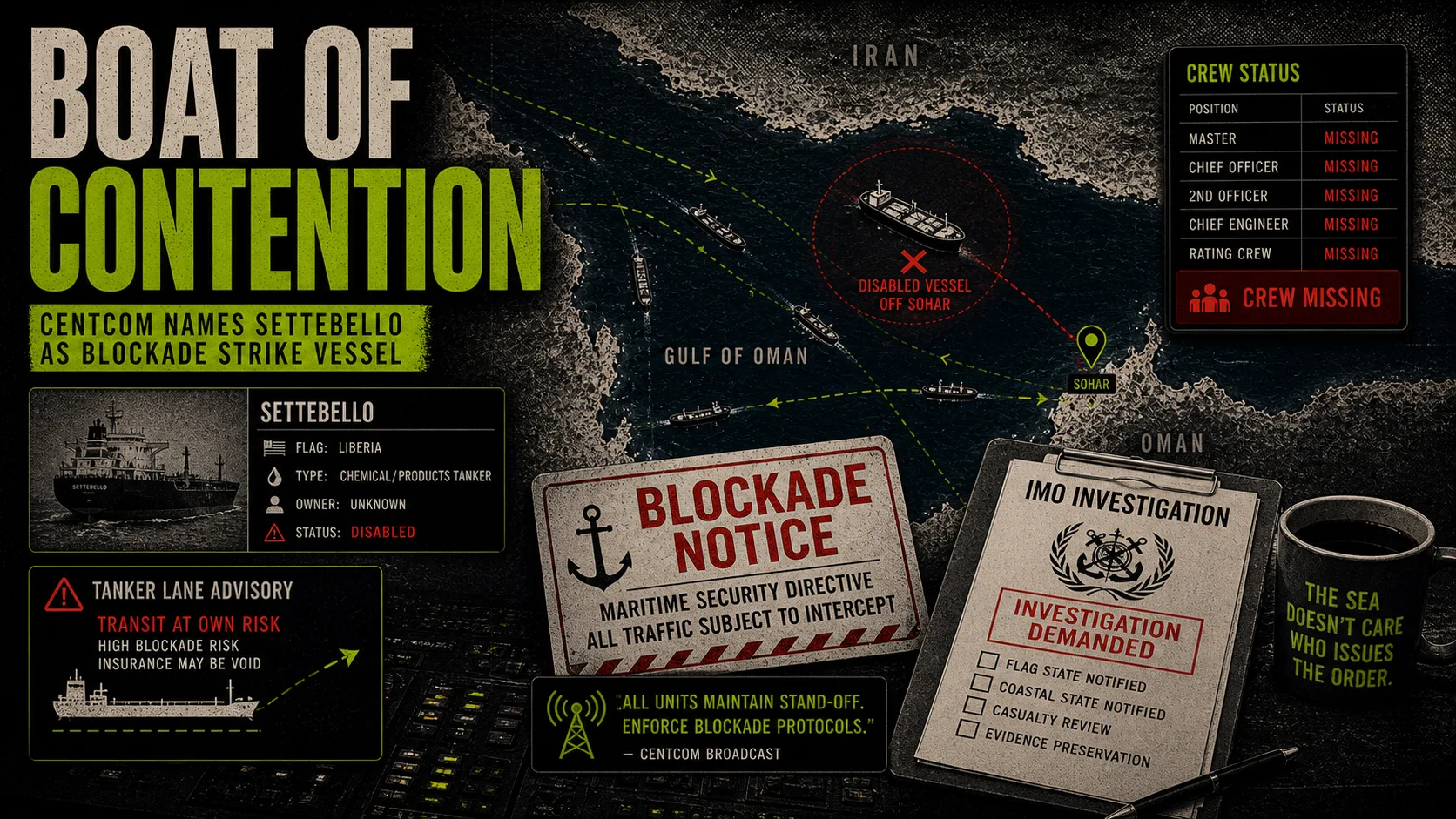Gulf of Oman maritime board labeled Boat of Contention with Settebello, crew-status, blockade, and investigation markers.