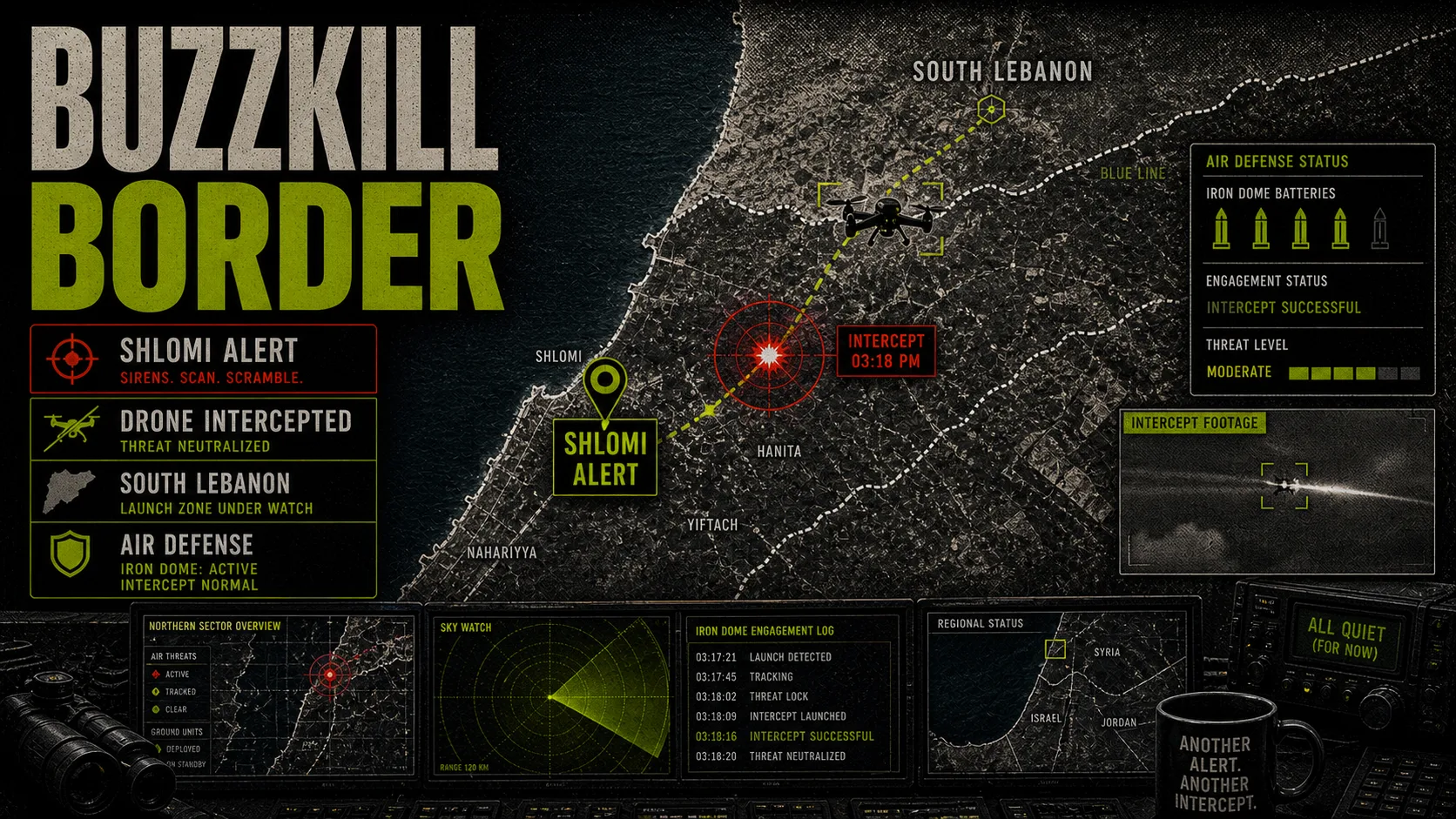 Northern border air-defense board labeled Buzzkill Border with Shlomi, a drone path, radar sweep, and intercept marker.