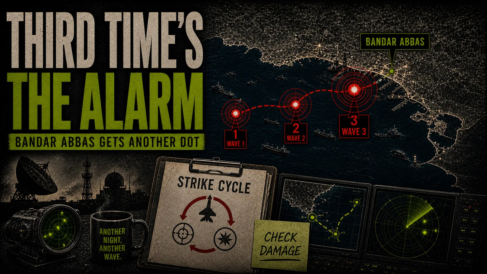 Bandar Abbas strike-cycle board labeled Third Time's the Alarm with three wave markers and a damage-check note.
