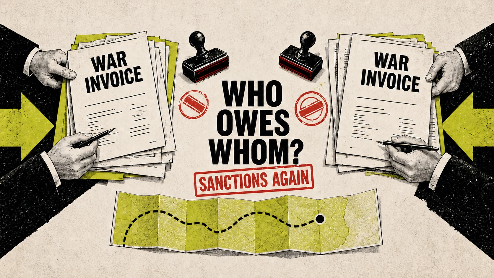 Competing war-damages invoices divide a sanctions-covered negotiation desk beside a stalled route map.