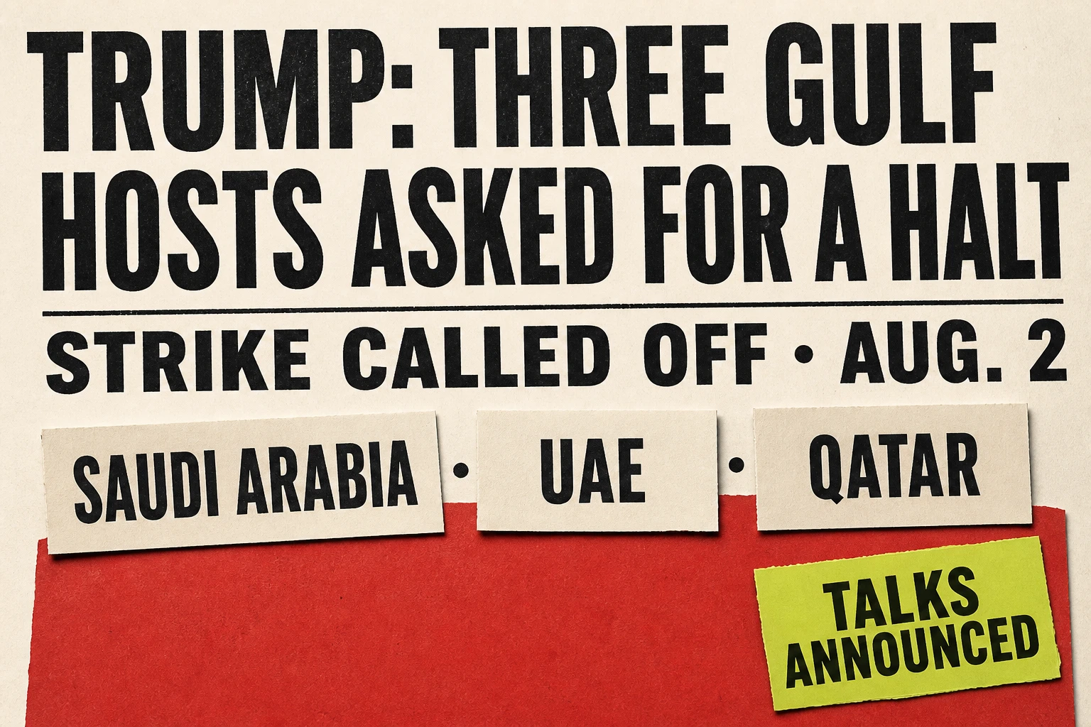 Place cards for Saudi Arabia, the UAE, and Qatar hold a red strike sheet closed while a talks card enters the table.