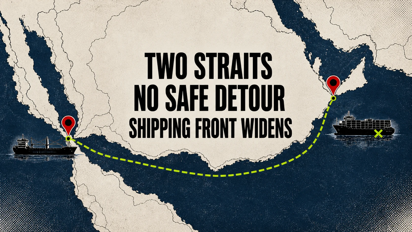 A two-chokepoint map marks a disabled container ship in the Gulf of Oman and a fatal cargo-vessel strike near Bab el-Mandeb.